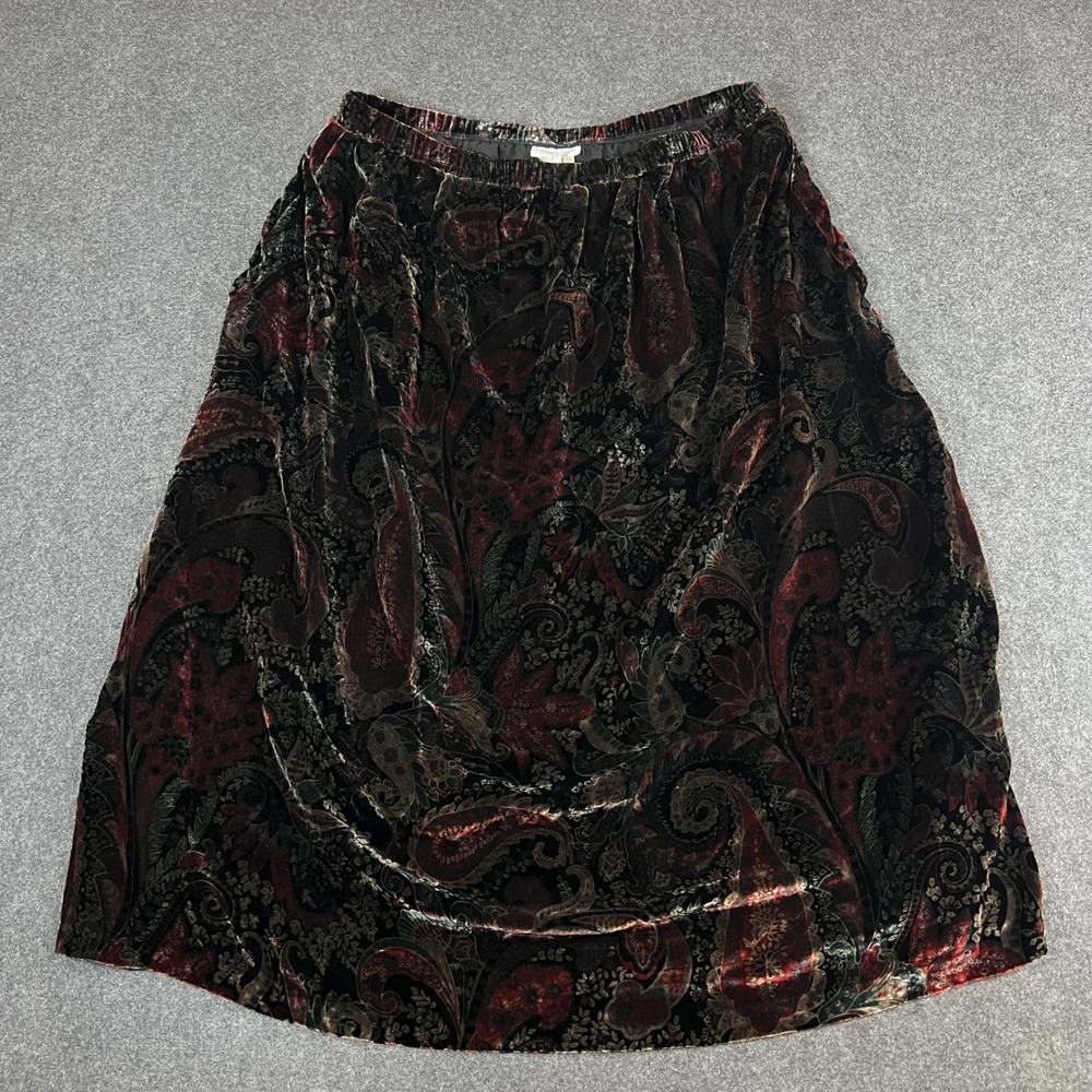 Coldwater Creek Velvet Paisley Midi Skirt 1X Silk Burgundy Green Whimsygoth